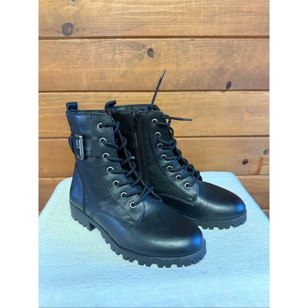 SO Broccoli Women's Combat Boots Black Faux Leather Sz 6 WIDE NWOB